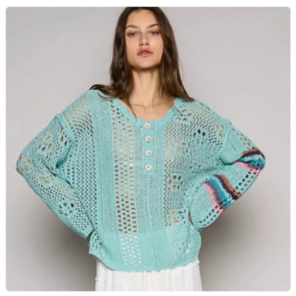 POL Aqua Crochet Knit Sweater | Boho Oversized Vintage Pullover Top - Picture 2 of 5